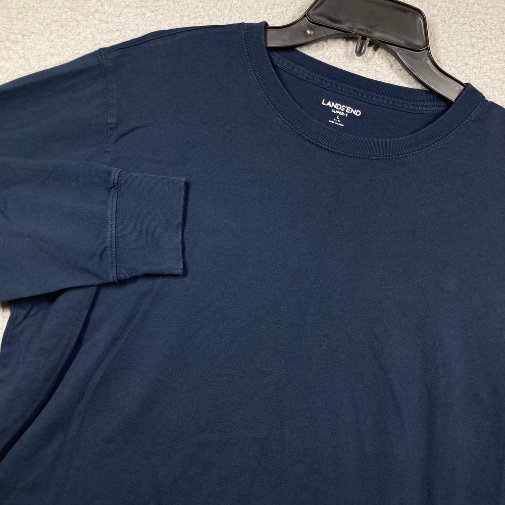 Lands' End Super-T Shirt Mens L Navy Blue Long Sleeve Cotton Crew Neck Solid